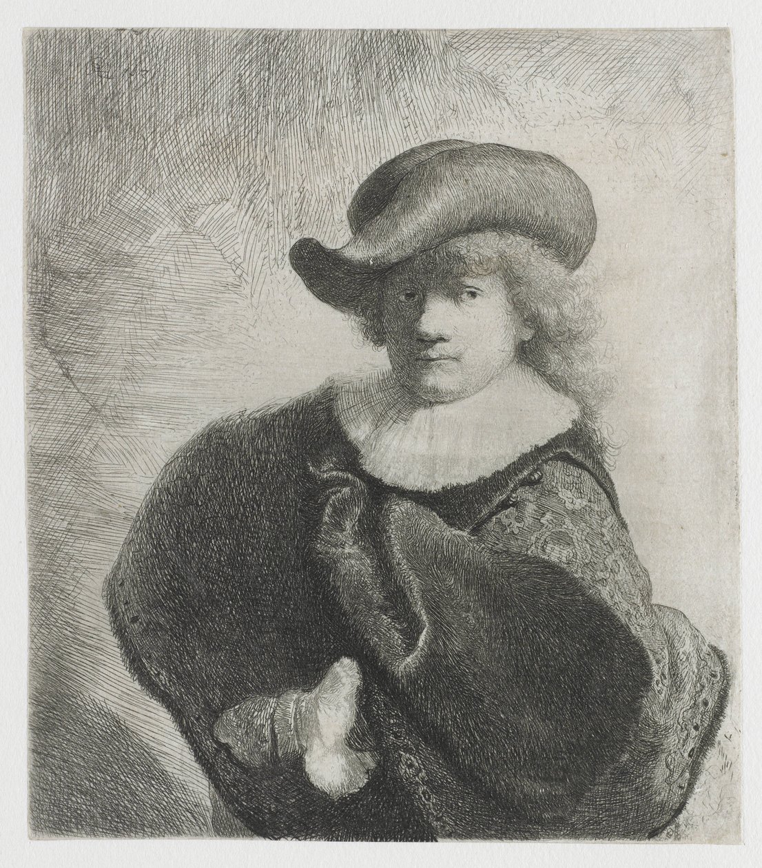 Omakuva pehmeässä hatussa ja kuviollisessa viitassa tekijältä Rembrandt van Rijn