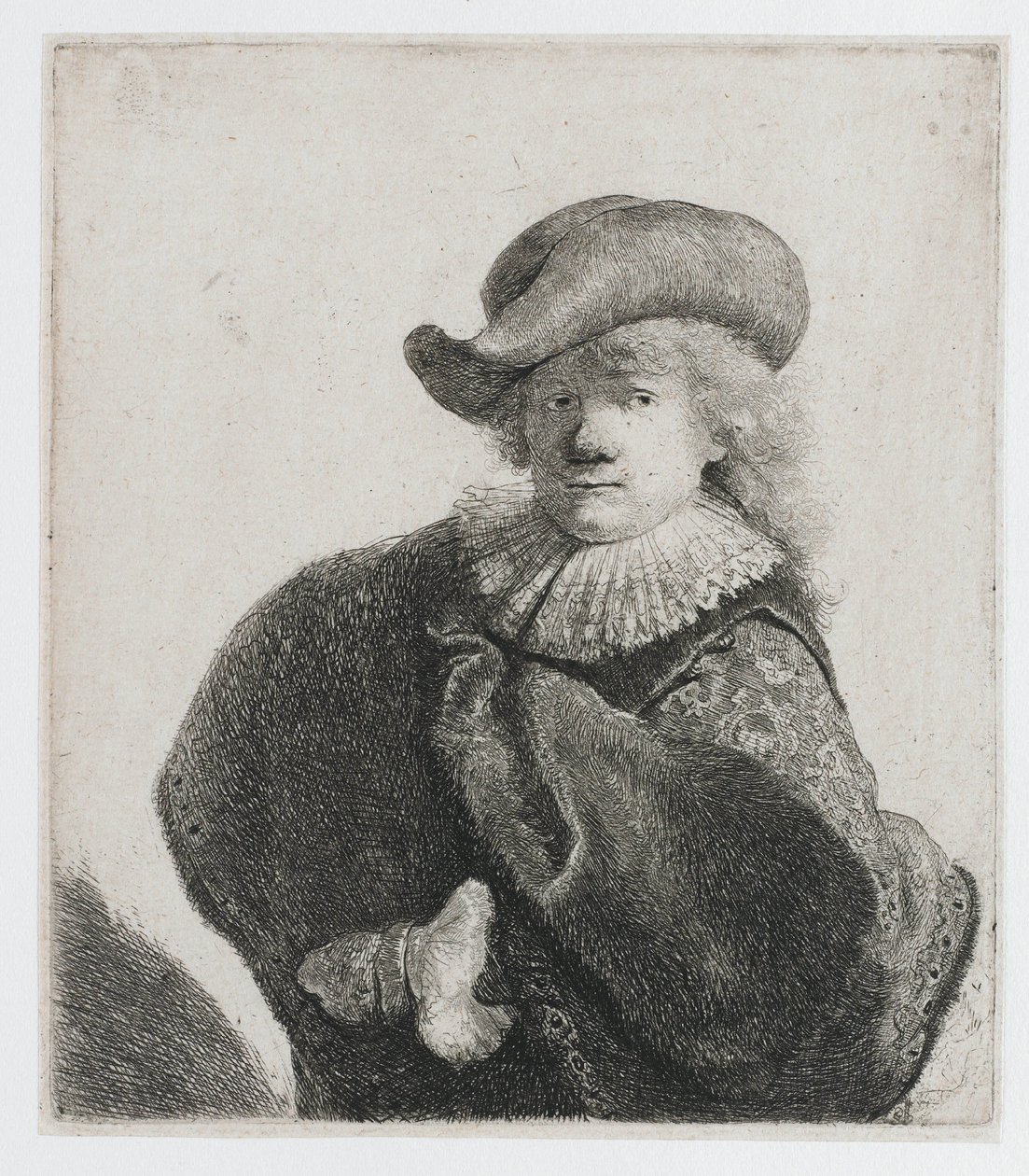 Omakuva, jossa on pehmeä hattu ja kuviollinen viitta tekijältä Rembrandt van Rijn