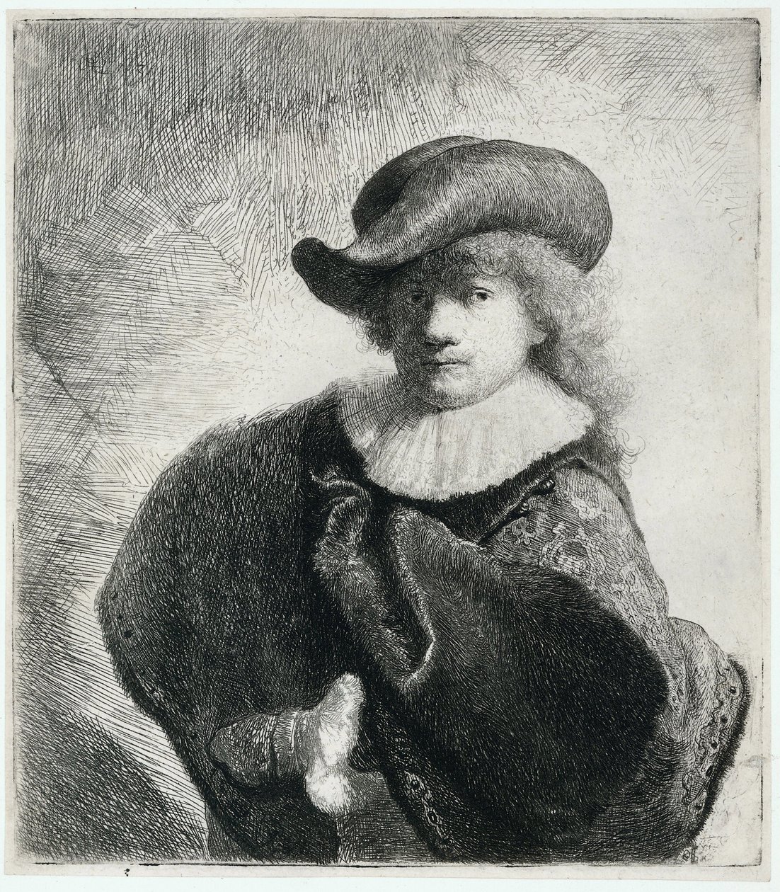 Omakuva pehmeässä hatussa ja kirjailtu viitta, 1631. tekijältä Rembrandt van Rijn