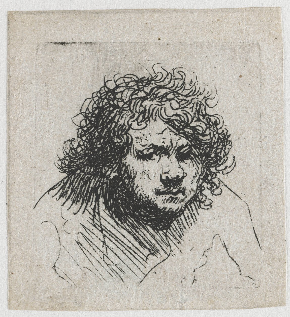 Eteenpäin kumartuva omakuva: rintakuva tekijältä Rembrandt van Rijn