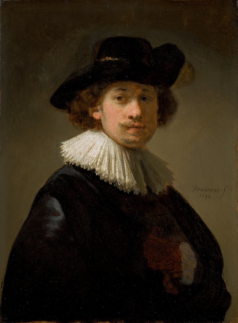Omakuva, päällään röyhelö ja musta hattu, 1632. tekijältä Rembrandt van Rijn