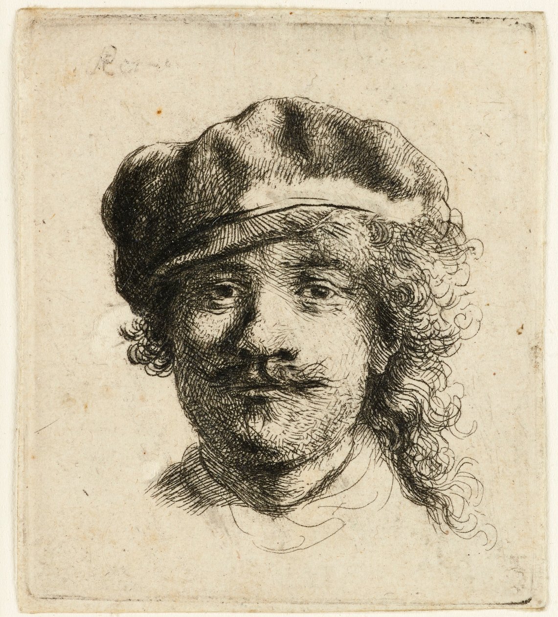 Omakuva pehmeällä lippalla: koko kasvot, vain pää, n. 1634. tekijältä Rembrandt van Rijn