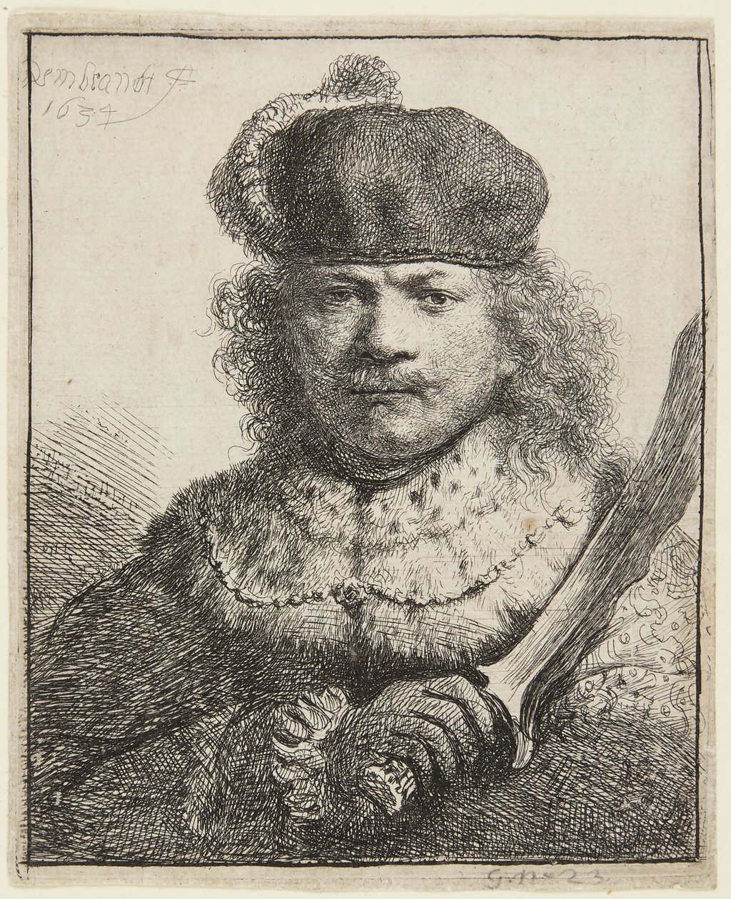 Omakuva, jossa miekka on nostettuna tekijältä Rembrandt van Rijn
