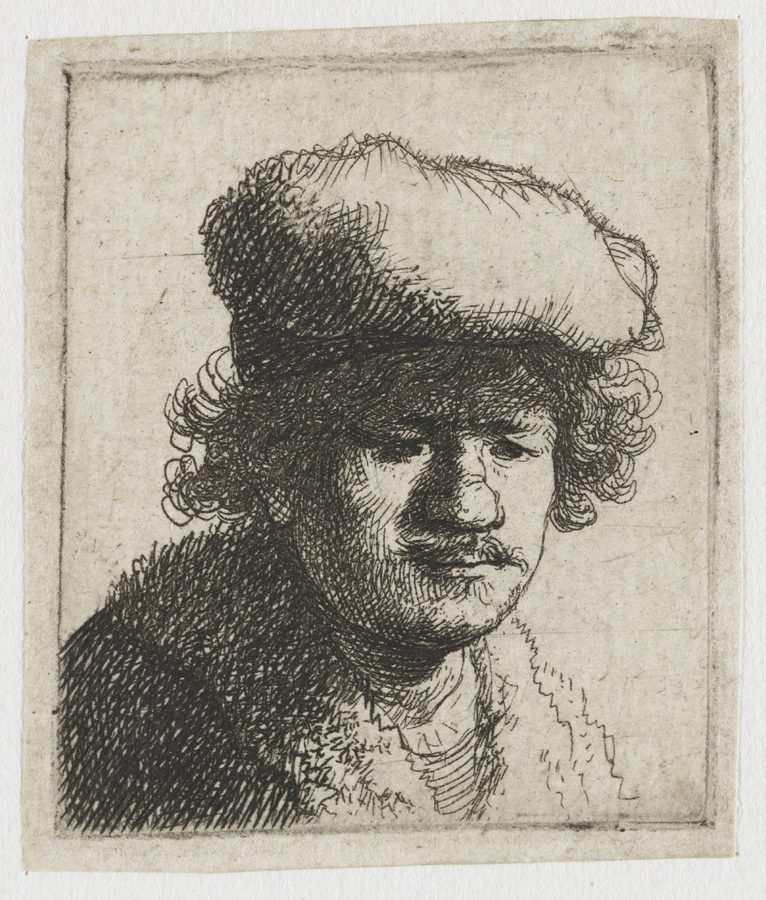 Omakuva, jossa lippalakki on vedetty eteenpäin tekijältä Rembrandt van Rijn