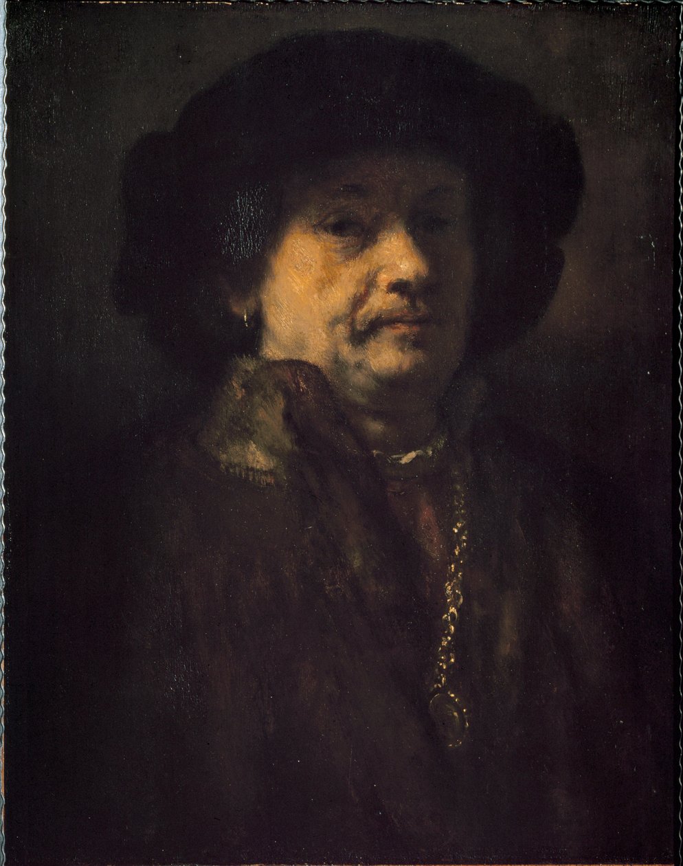 Omakuva korvakorulla ja kultaketjulla (maalaus tekijältä Rembrandt van Rijn