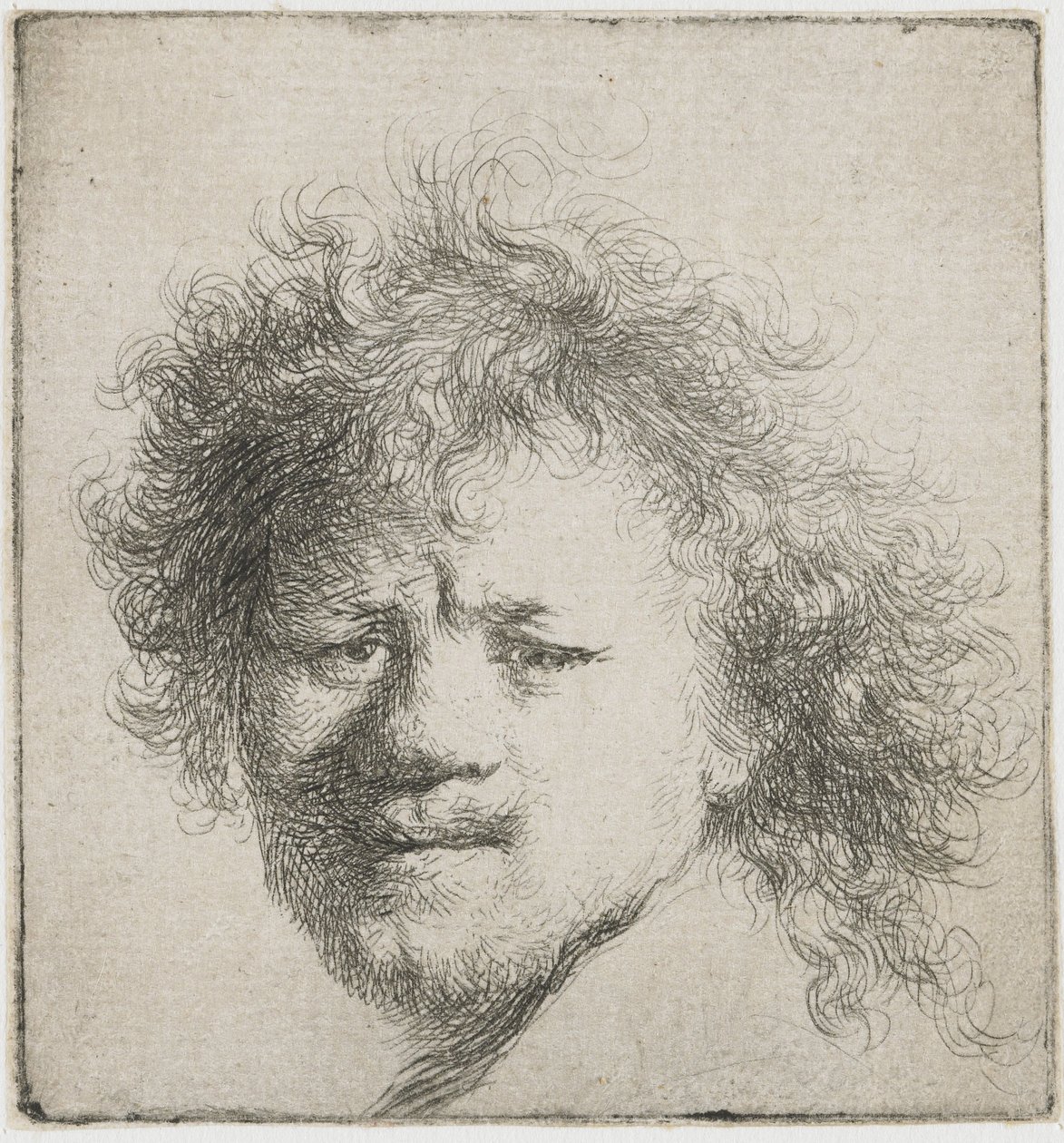 Omakuva pitkät tummat hiukset: vain pää, n. 1631. tekijältä Rembrandt van Rijn