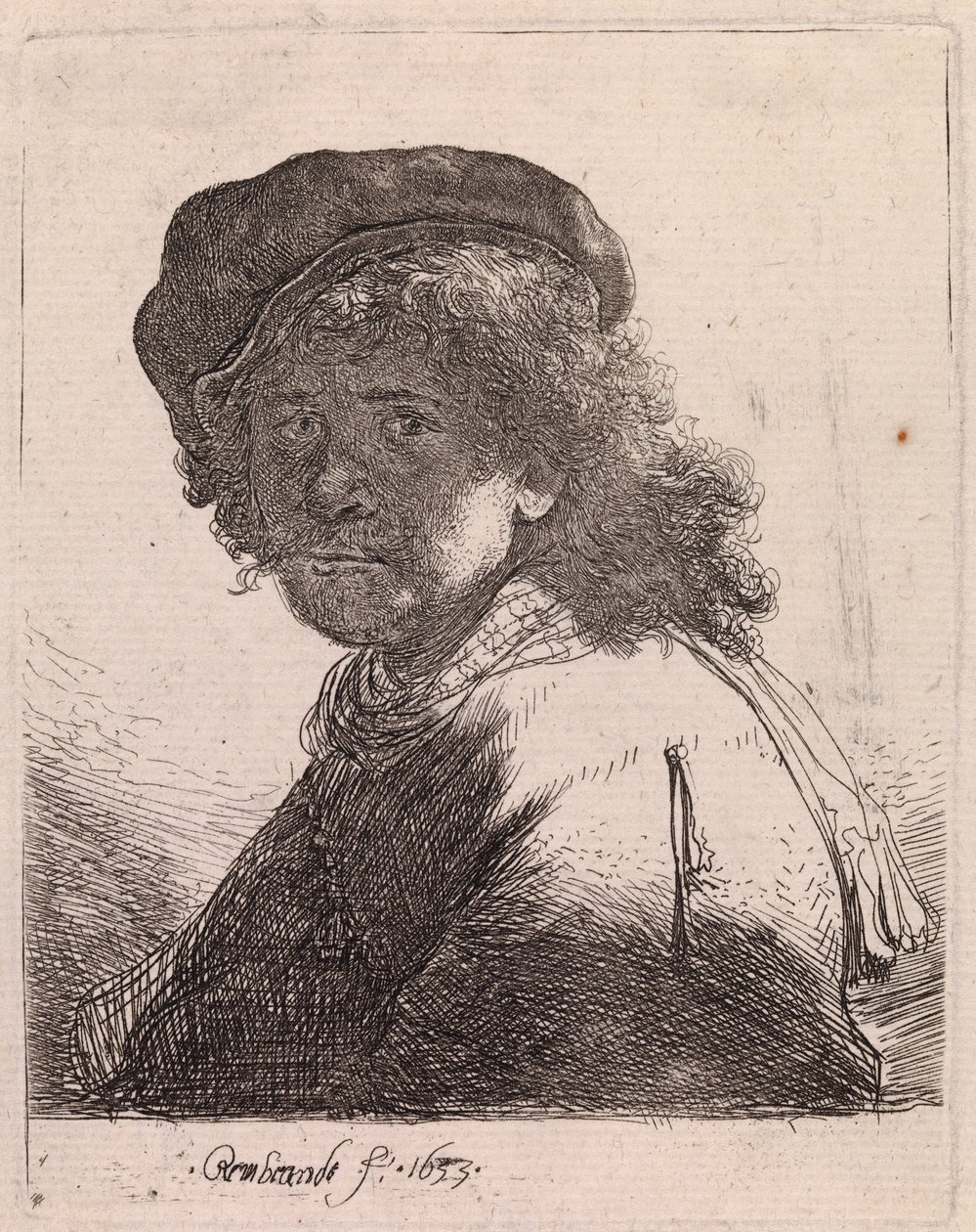 Omakuva, jossa on lippalakki ja huivi ja kasvojen alue on tummennettu tekijältä Rembrandt van Rijn