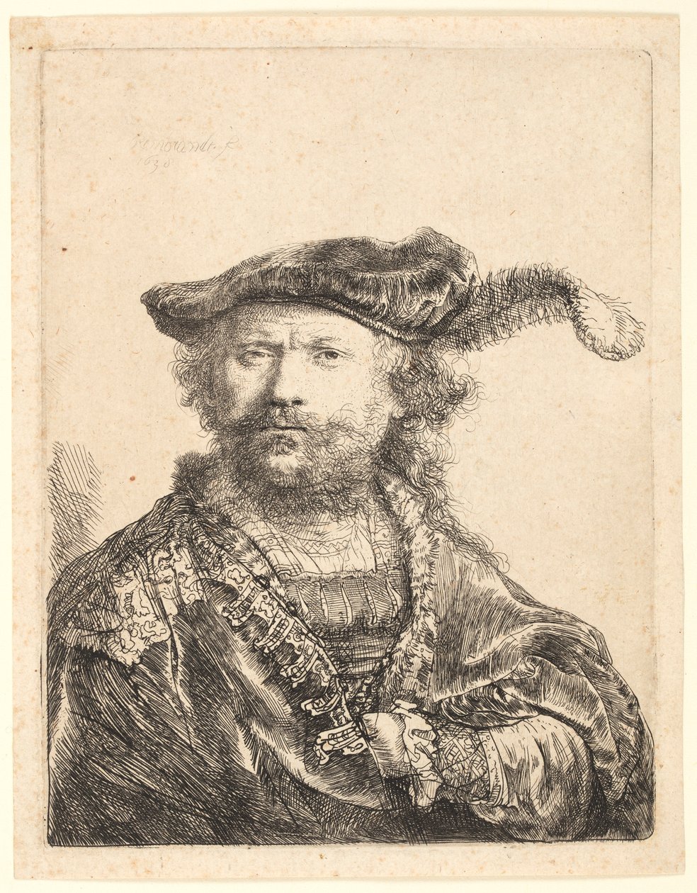 Omakuva samettilakissa, jossa on plume tekijältä Rembrandt van Rijn