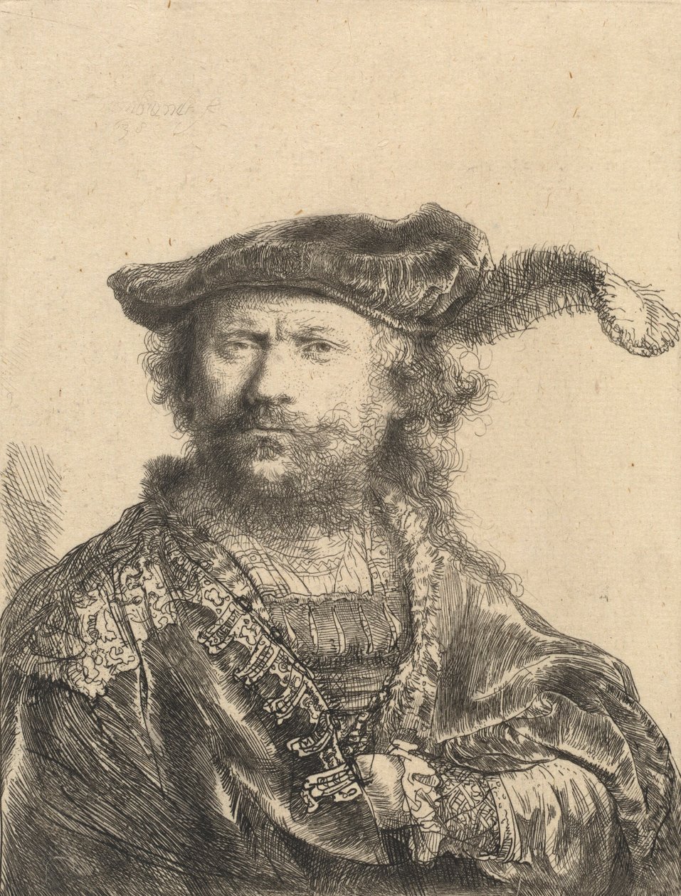 Omakuva samettilakissa, jossa on plume, 1638 tekijältä Rembrandt van Rijn