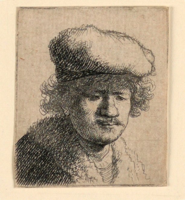 Omakuva, korkki vedetty eteenpäin tekijältä Rembrandt van Rijn