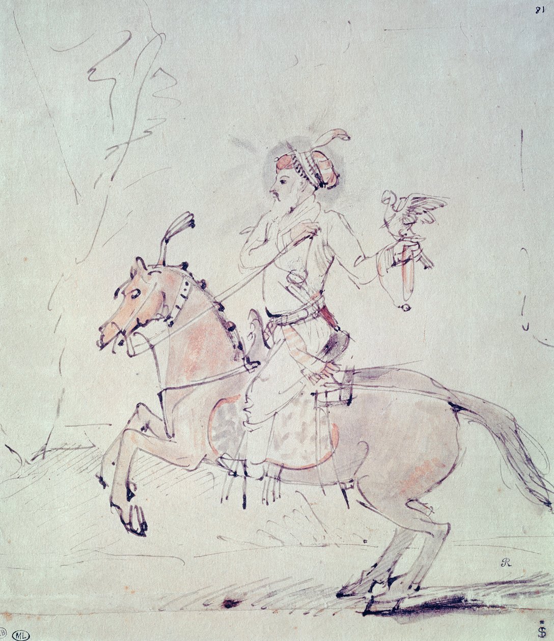 Shah Jehan ja haukka hevosen selässä (tussi ja tussi ja wc paperille) tekijältä Rembrandt van Rijn