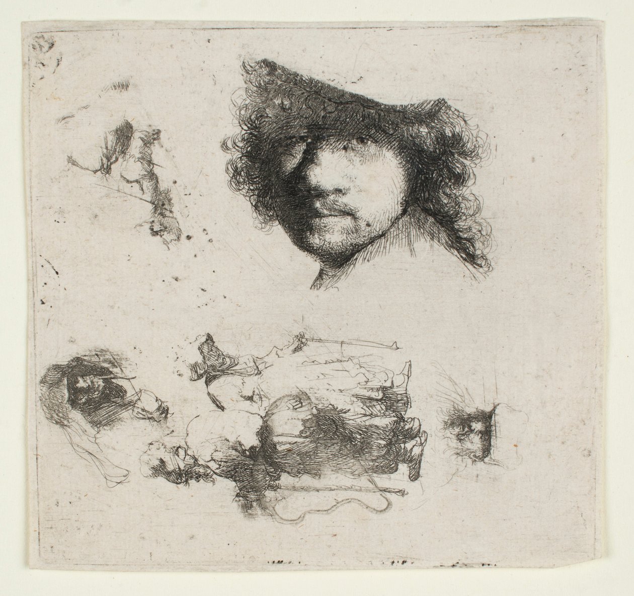 Luonnosarkki: Taiteilijan pää, kerjäläispariskunta, vanhan miehen ja vanhan naisen päät jne. tekijältä Rembrandt van Rijn