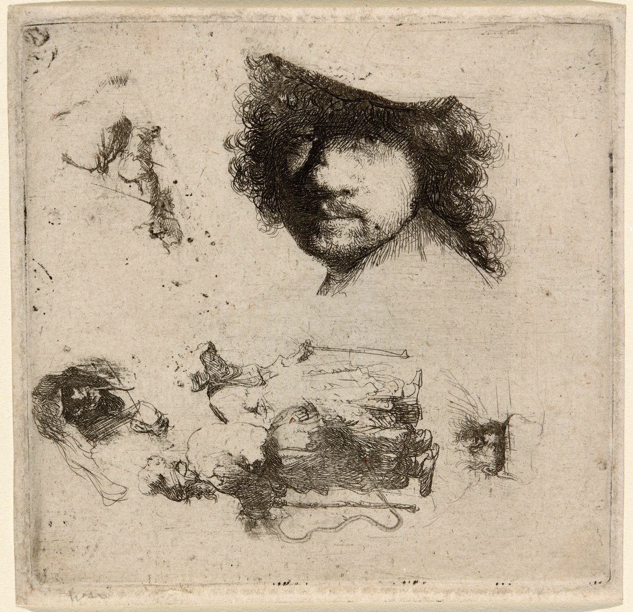Tutkimusarkki: Taiteilijan päällikkö, kerjäläispariskunta, vanhan miehen ja vanhan naisen päät jne. tekijältä Rembrandt van Rijn