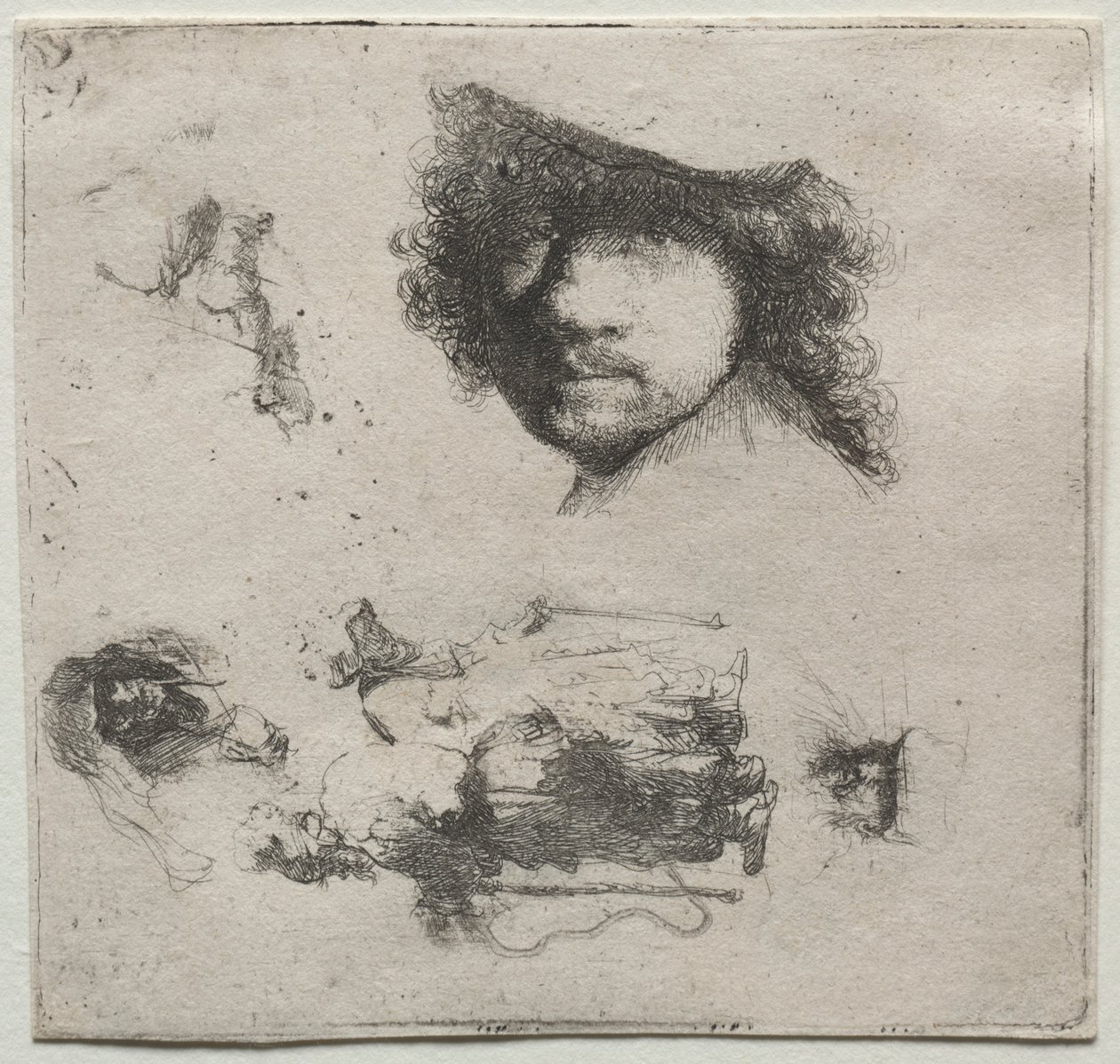Tutkimusarkki: Omakuva, kerjäläispariskunta jne., c. 1632. tekijältä Rembrandt van Rijn