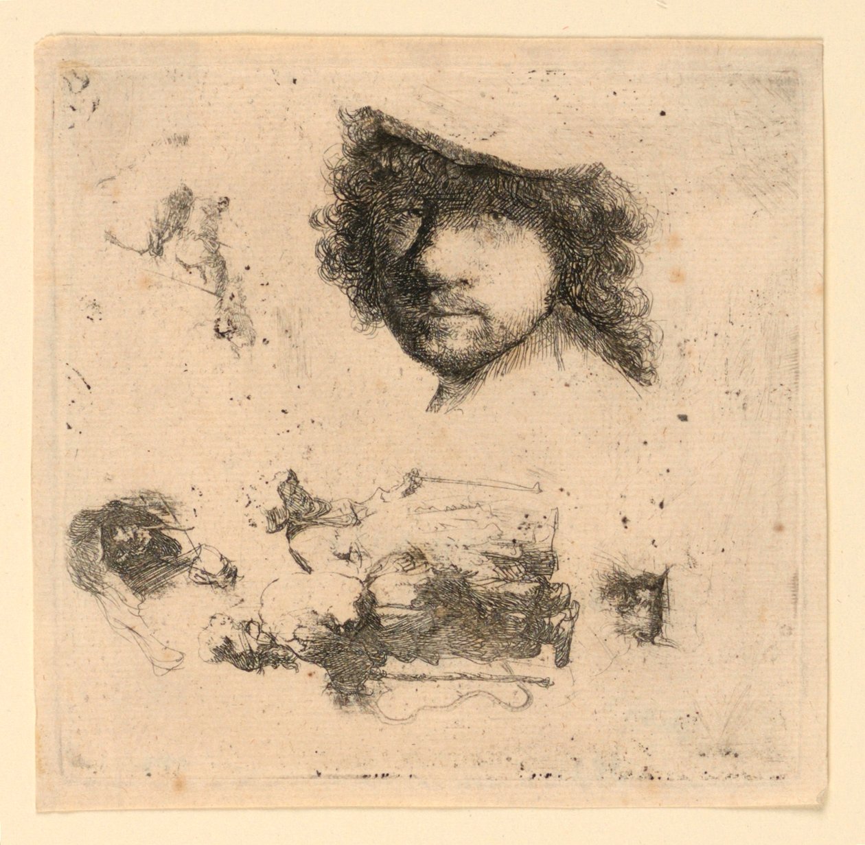 Tutkimusarkki: Omakuva, kerjäläispariskunta, Vanhan miehen ja vanhan naisen päät jne. tekijältä Rembrandt van Rijn