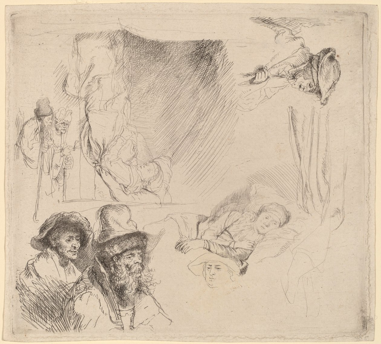 Tutkimusarkki, mukaan lukien nainen makaa sairaana sängyssä tekijältä Rembrandt van Rijn