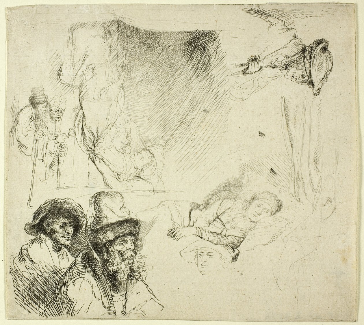 Tutkimusarkki, jossa nainen makaa sairaana sängyssä tekijältä Rembrandt van Rijn