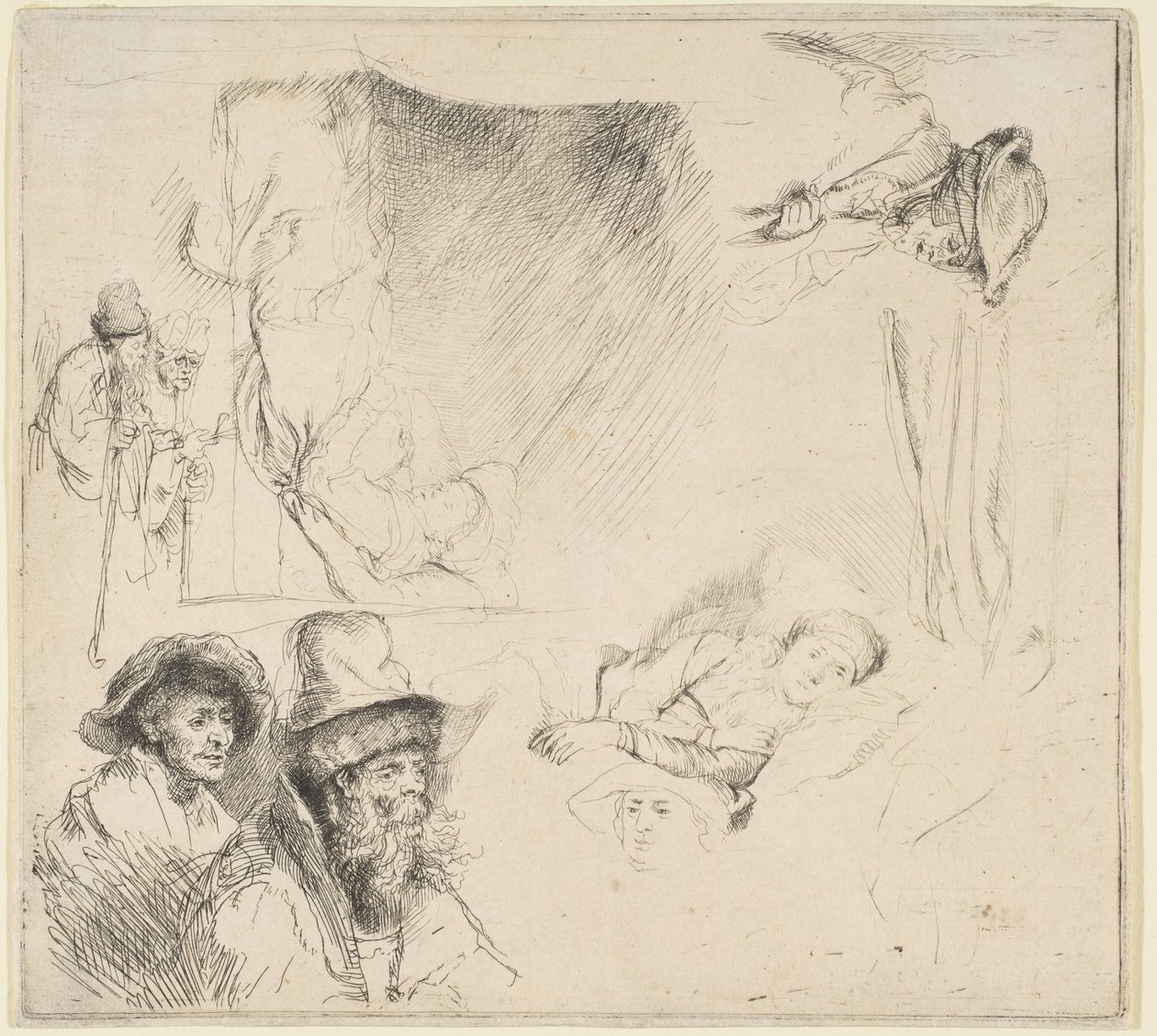 Tutkimuslehti naisesta, joka makaa sairaana sängyssä jne., n. 164142. tekijältä Rembrandt van Rijn