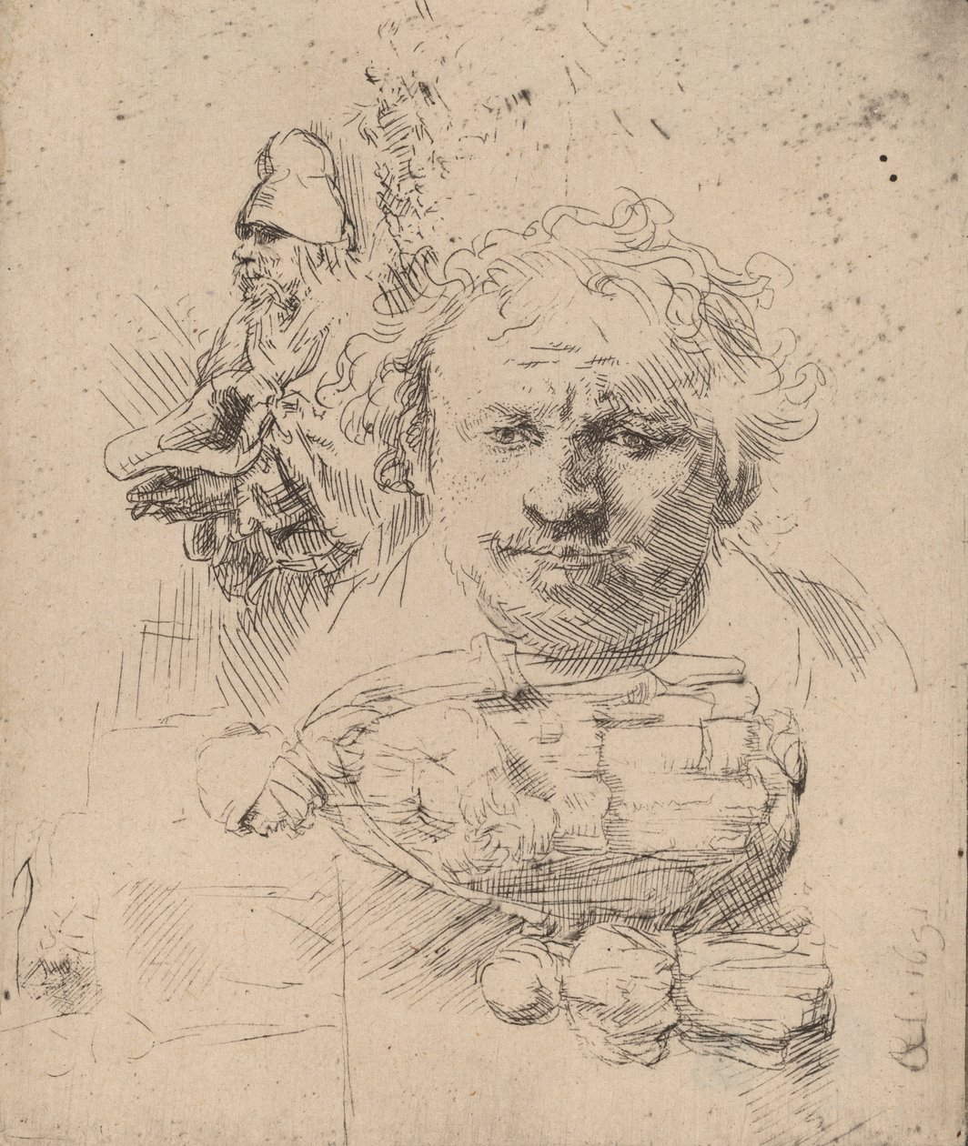 Tutkimusarkki taiteilijan päällikön, kerjäläisen miehen ja naisen ja lapsen kanssa, 1651. tekijältä Rembrandt van Rijn