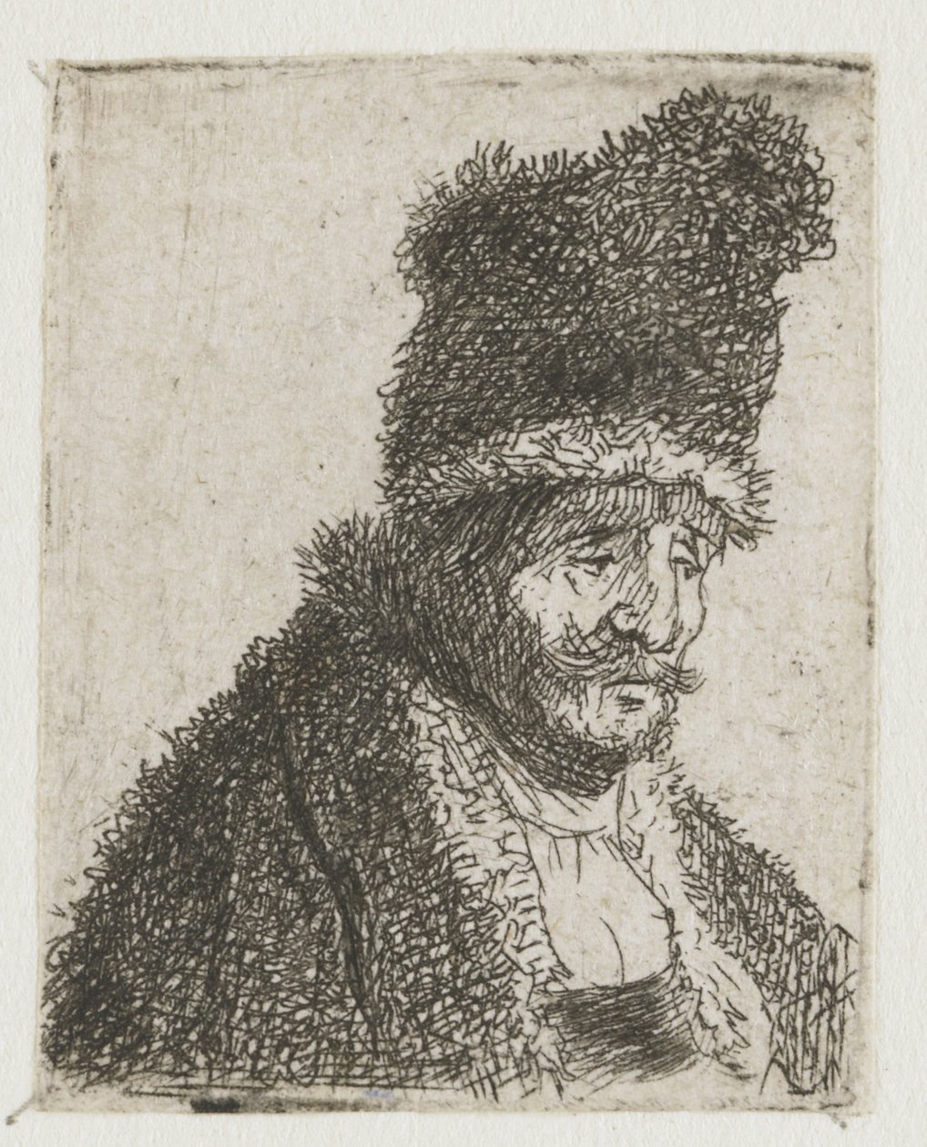 Kokoelma miesten pääkuvia: vanha mies turkkiin pukeutuneena ja korkealla lakkilla tekijältä Rembrandt van Rijn