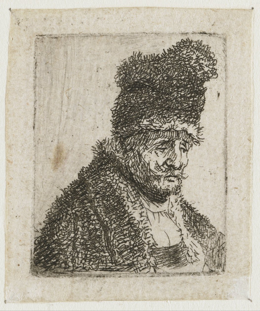 Kokoelma miesten pääkuvia: vanha mies turkkiin pukeutuneena ja korkealla lakkilla tekijältä Rembrandt van Rijn