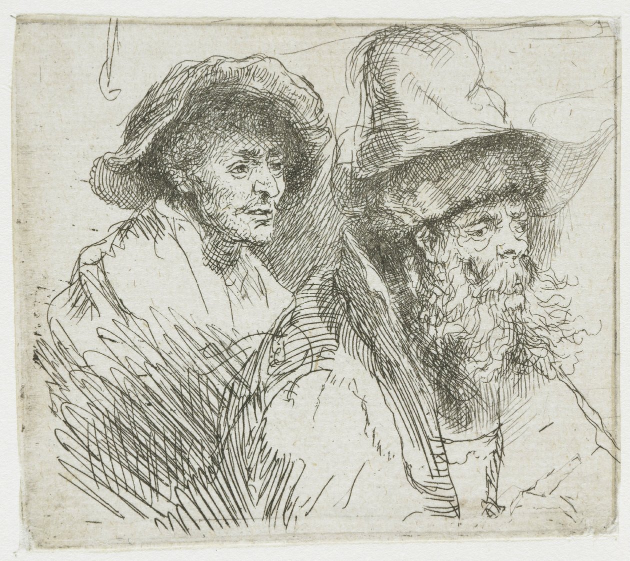 Tutkimusarkki, jossa nainen makaa sairaana sängyssä: kahden mieshahmon rintakuvat tekijältä Rembrandt van Rijn