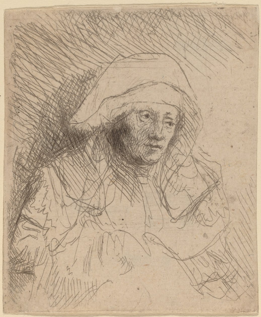Sairas nainen, jolla on suuri valkoinen päähine (Saskia) tekijältä Rembrandt van Rijn