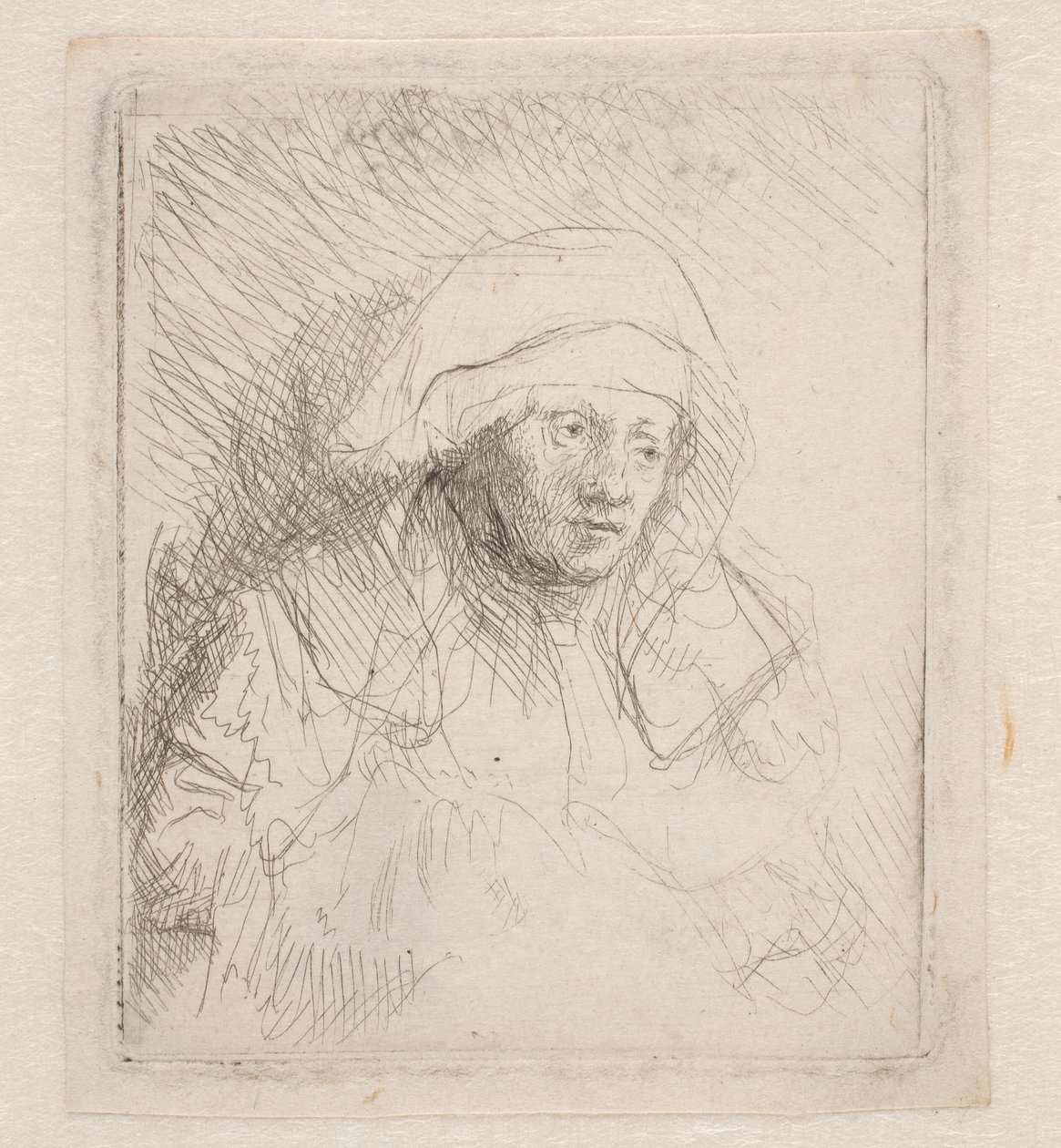 Sairas nainen, jolla on suuri valkoinen päähine (Saskia) tekijältä Rembrandt van Rijn