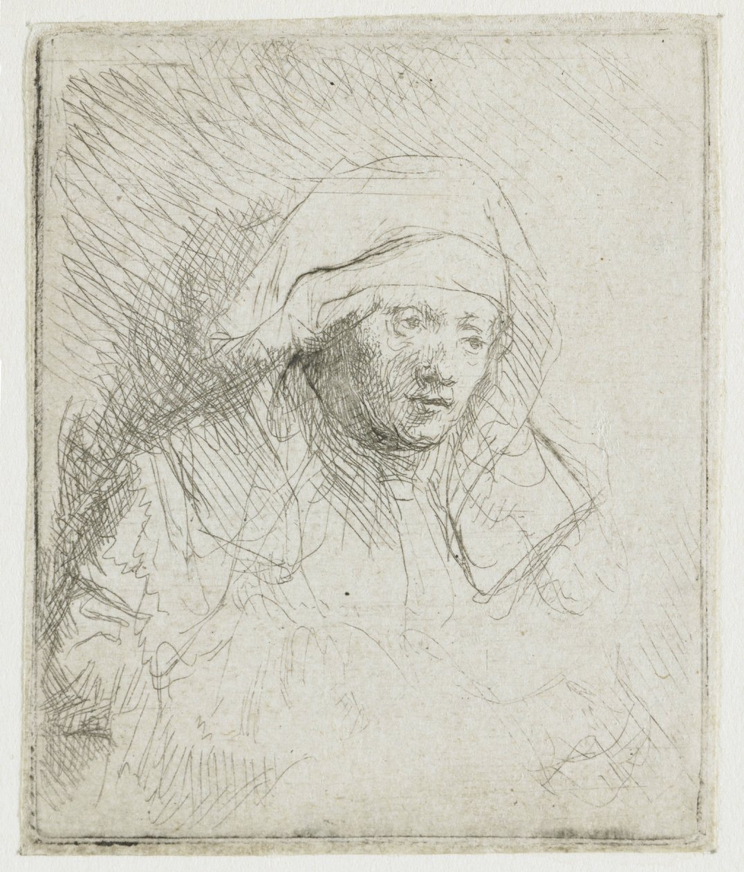 Sairas nainen, jolla on suuri valkoinen päähine (Saskia) tekijältä Rembrandt van Rijn