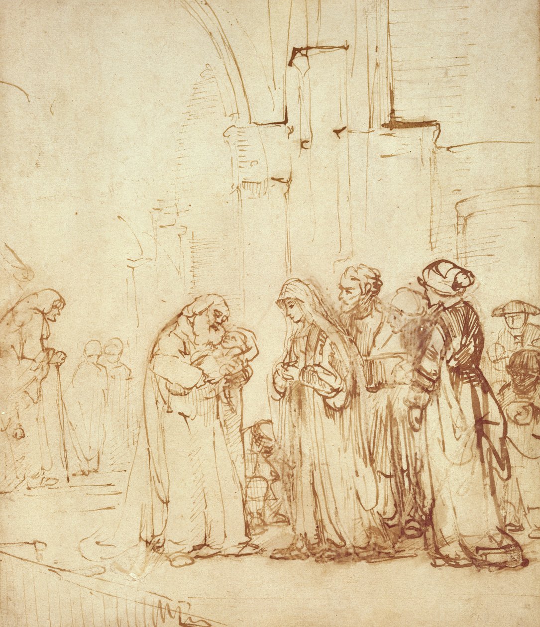 Simeon ja Jeesus temppelissä (piirustus) tekijältä Rembrandt van Rijn