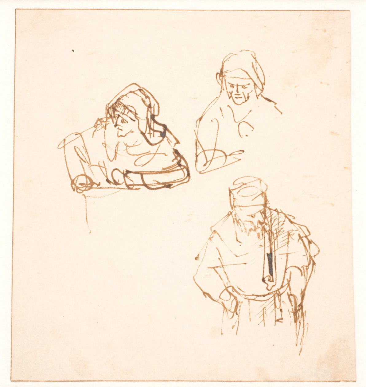 Luonnos kahdesta naisesta ja yhdestä miehestä tehdystä tutkimuksesta tekijältä Rembrandt van Rijn