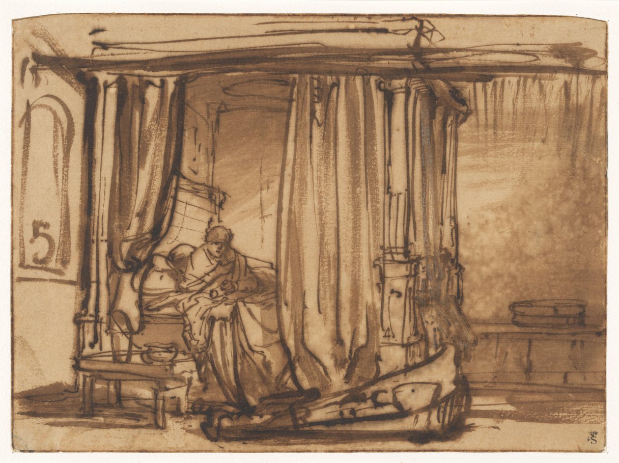 Makuuhuone, jossa Saskia istuu taivasvuoteessa tekijältä Rembrandt van Rijn
