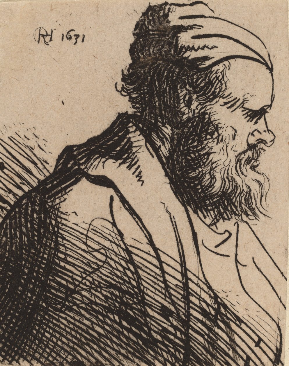 Nenäkärkinen mies lippaassa vuonna 1630 tai ennen sitä. tekijältä Rembrandt van Rijn