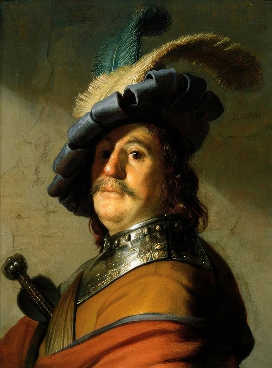 Soldat mit eisernem Halskragen und Federhut tekijältä Rembrandt van Rijn