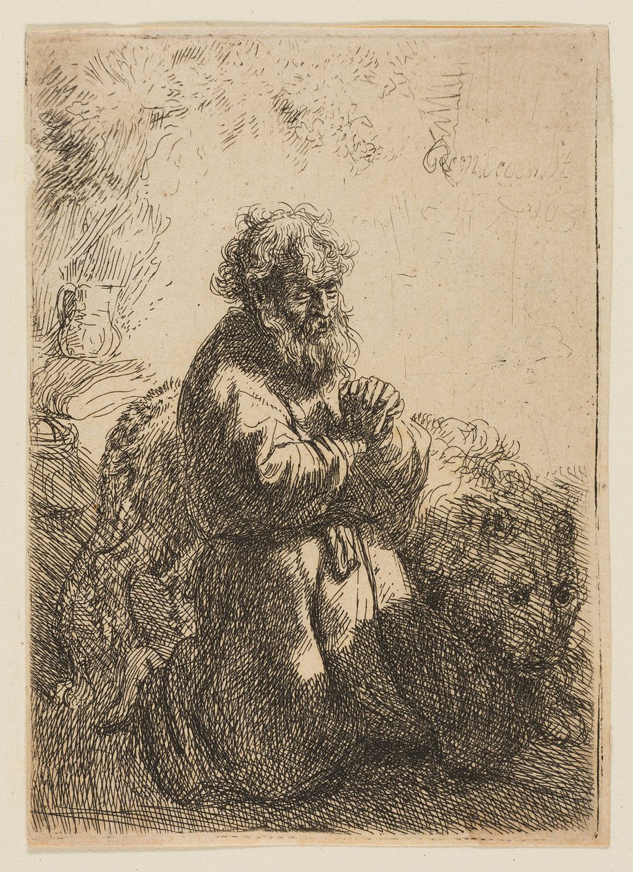 Pyhä Hieronymus polvistui rukouksessa ja katsoo alas tekijältä Rembrandt van Rijn
