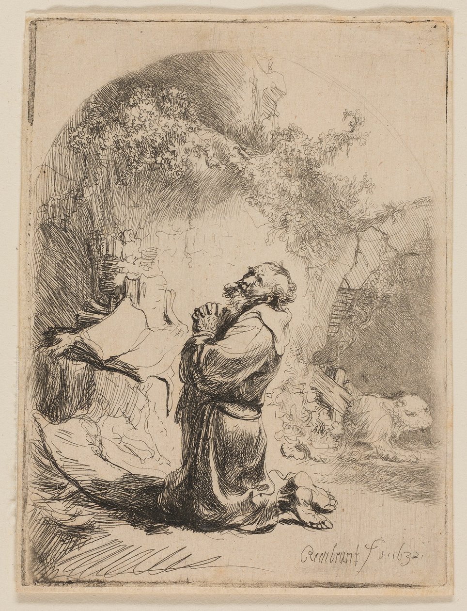 Pyhä Hieronymus rukoilee: Kaareva tekijältä Rembrandt van Rijn