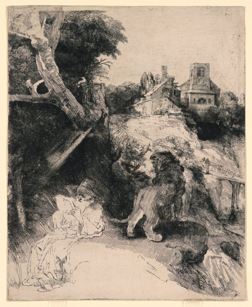 St. Jerome lukemassa italialaisessa maisemassa tekijältä Rembrandt van Rijn