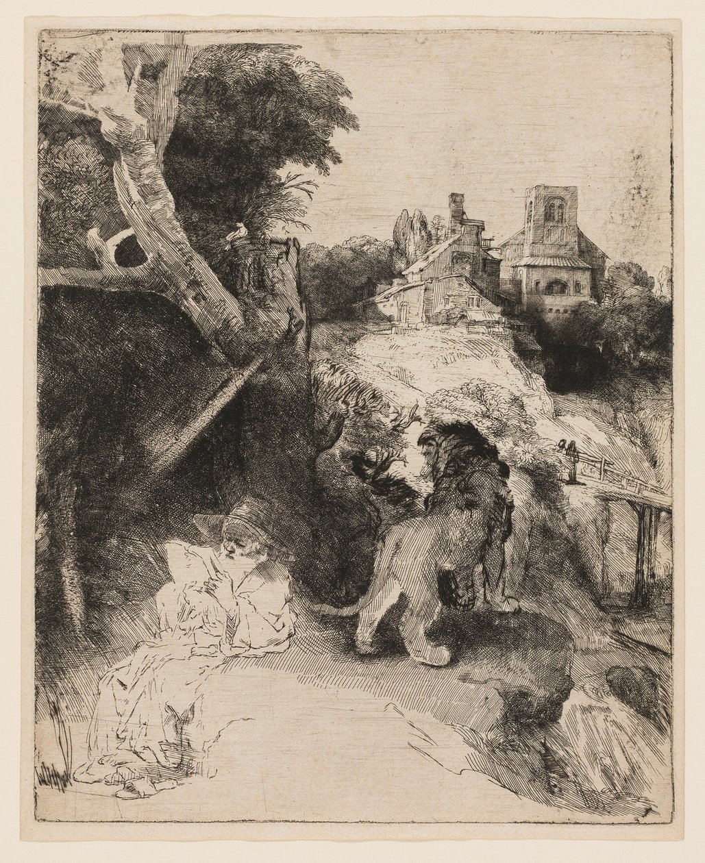 St. Jerome lukemassa italialaisessa maisemassa tekijältä Rembrandt van Rijn