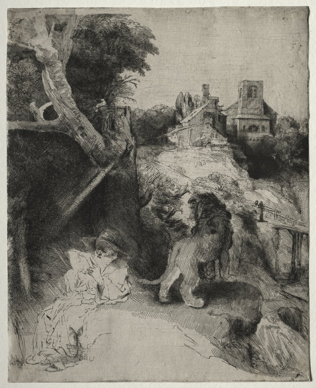 St. Jerome lukemassa italialaisessa maisemassa tekijältä Rembrandt van Rijn
