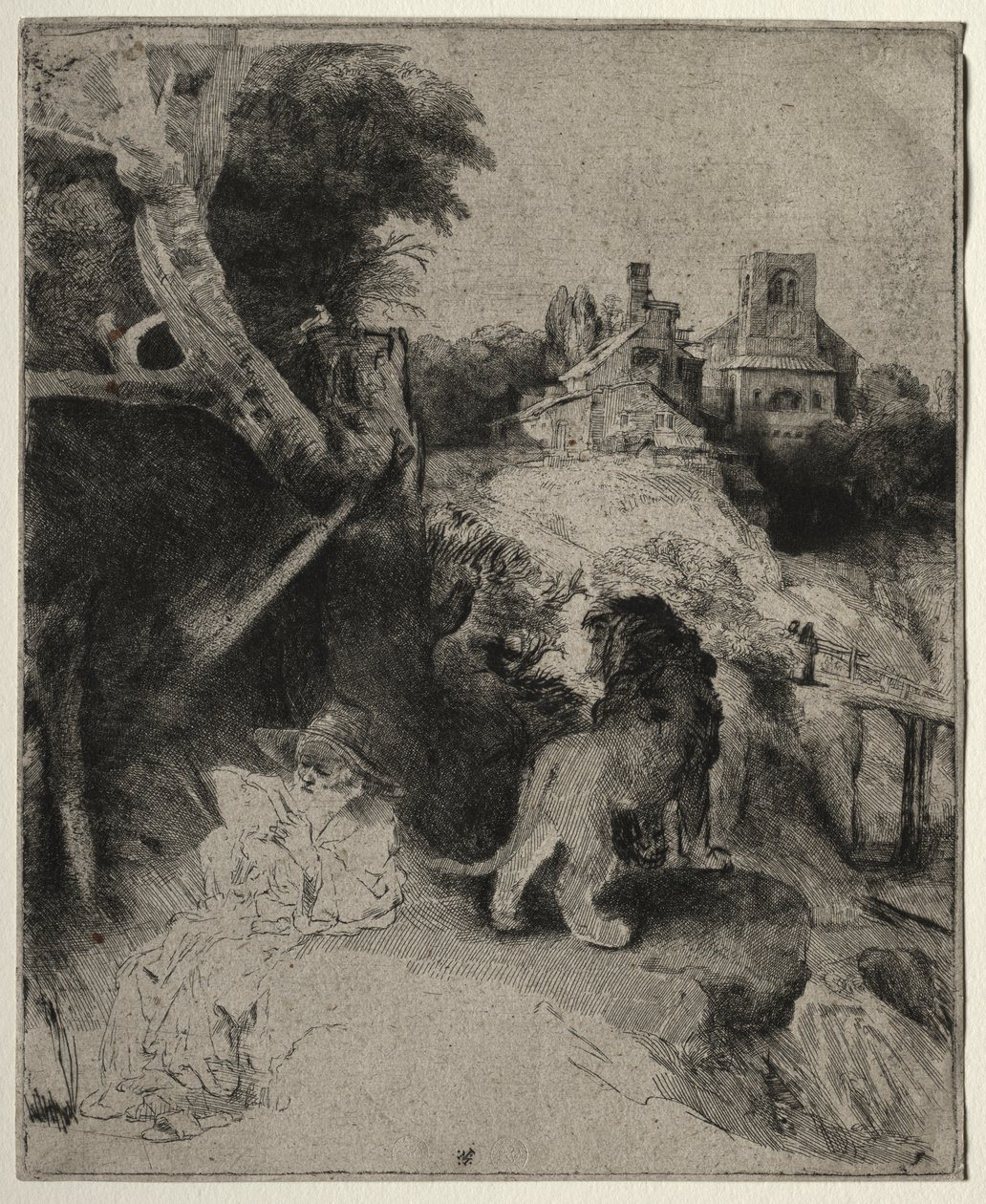 St. Jerome lukemassa italialaisessa maisemassa tekijältä Rembrandt van Rijn