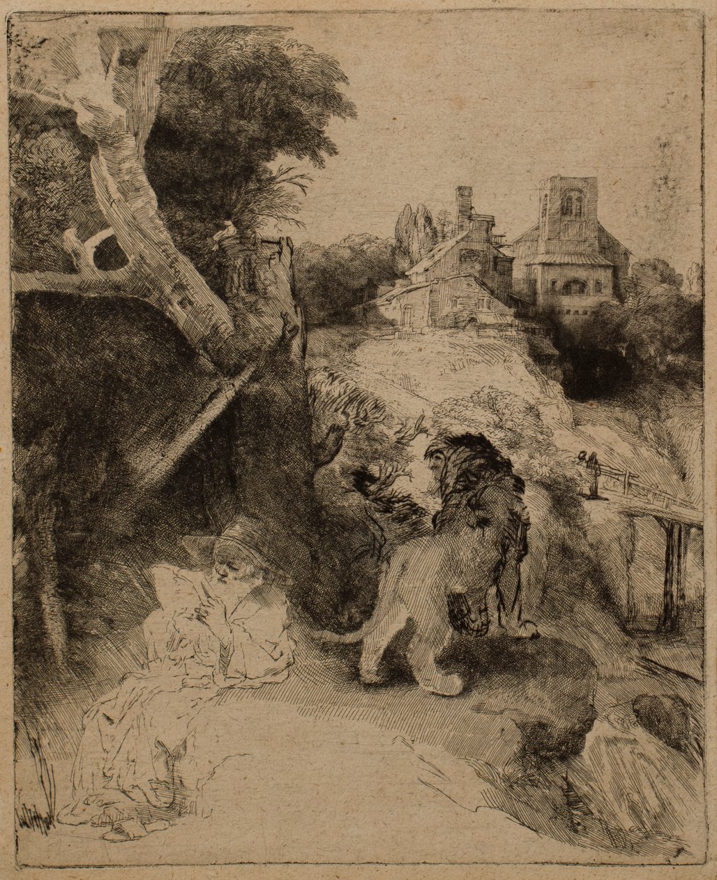St. Jerome lukemassa italialaisessa maisemassa tekijältä Rembrandt van Rijn