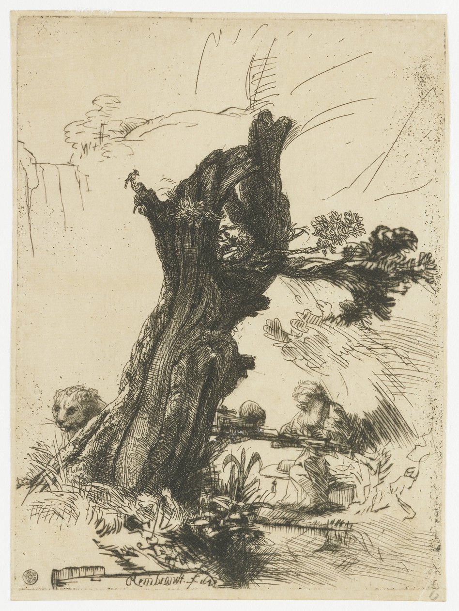 St Jerome pollarin pajun vieressä tekijältä Rembrandt van Rijn