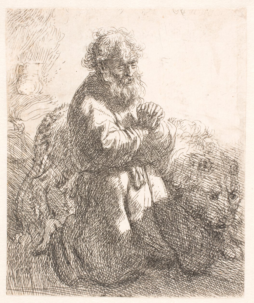 Pyhä Hieronymus polvistui rukouksessa ja katsoo alas tekijältä Rembrandt van Rijn
