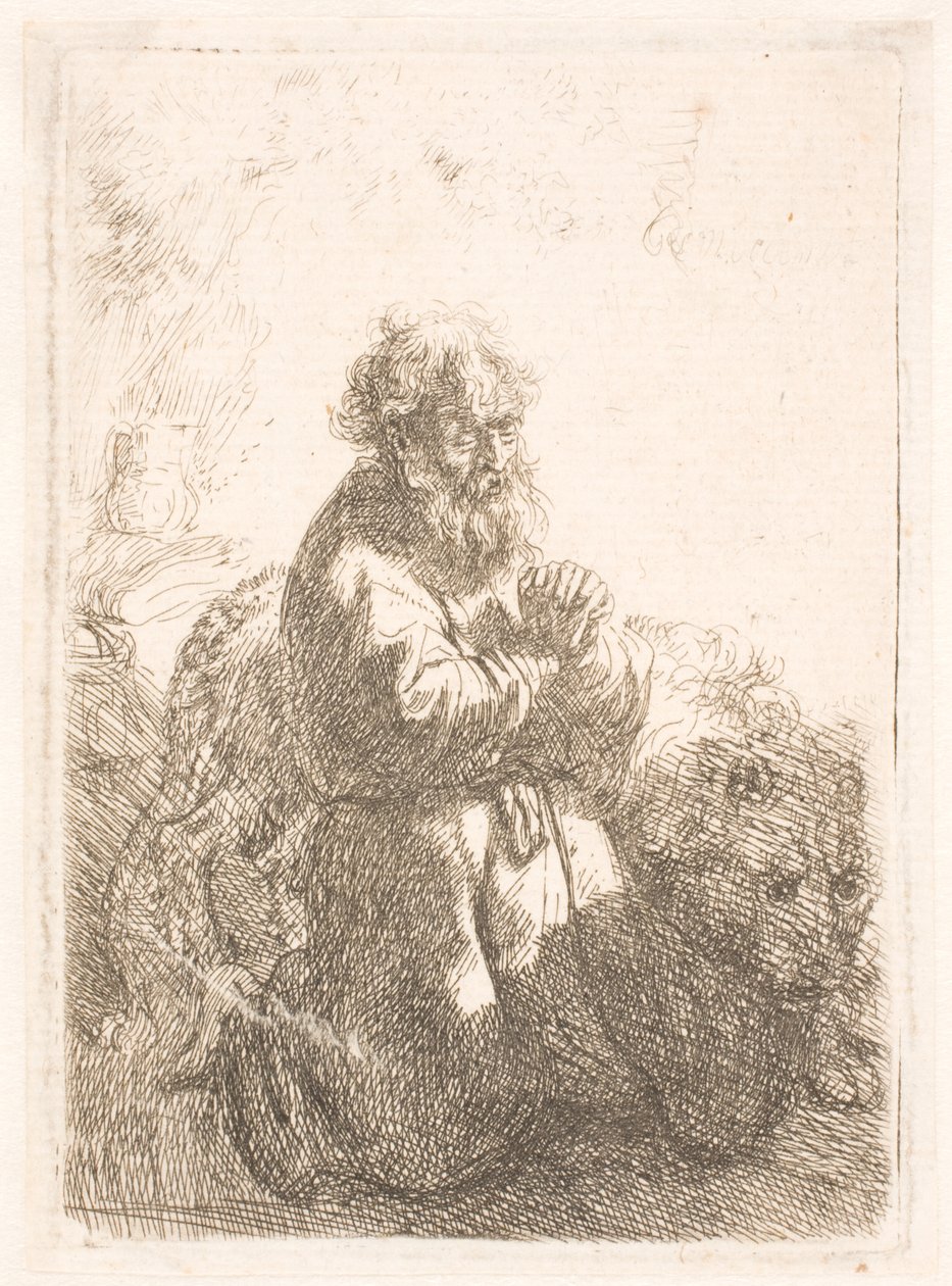 Pyhä Hieronymus polvistui rukouksessa ja katsoo alas tekijältä Rembrandt van Rijn