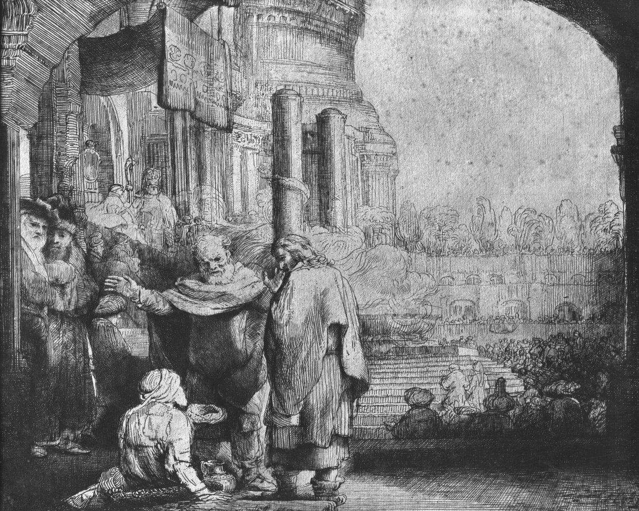 Pyhä Pietari ja Pyhä Johannes temppelin sisäänkäynnillä, 1649 (etsaus) (bw kuva) tekijältä Rembrandt van Rijn