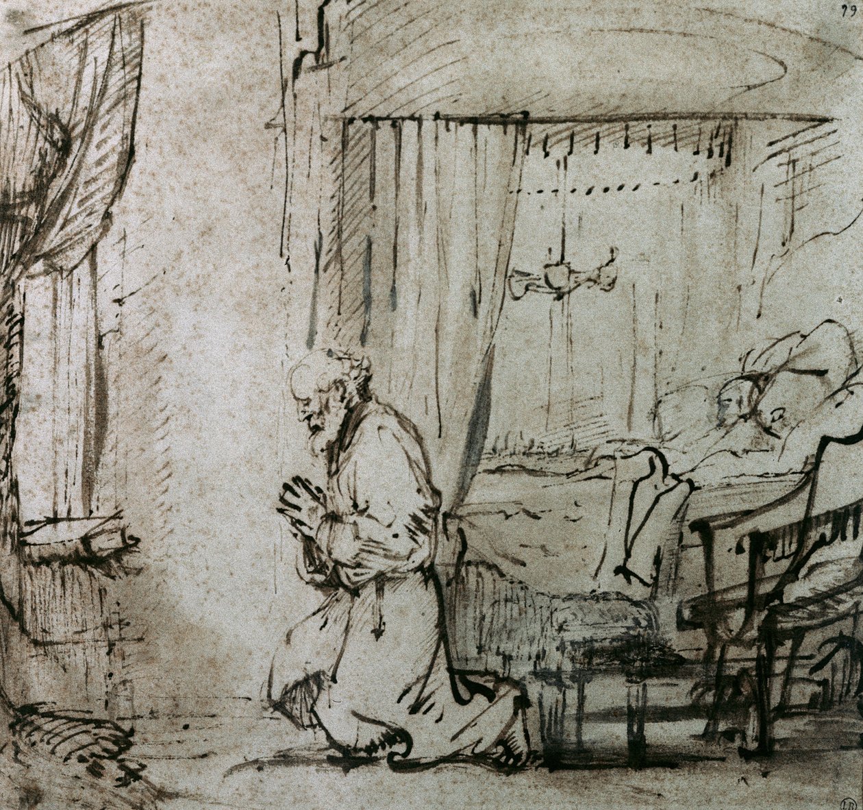 Pyhän Pietarin rukous ennen Tabithan herättämistä, n. 1654-1655 tekijältä Rembrandt van Rijn