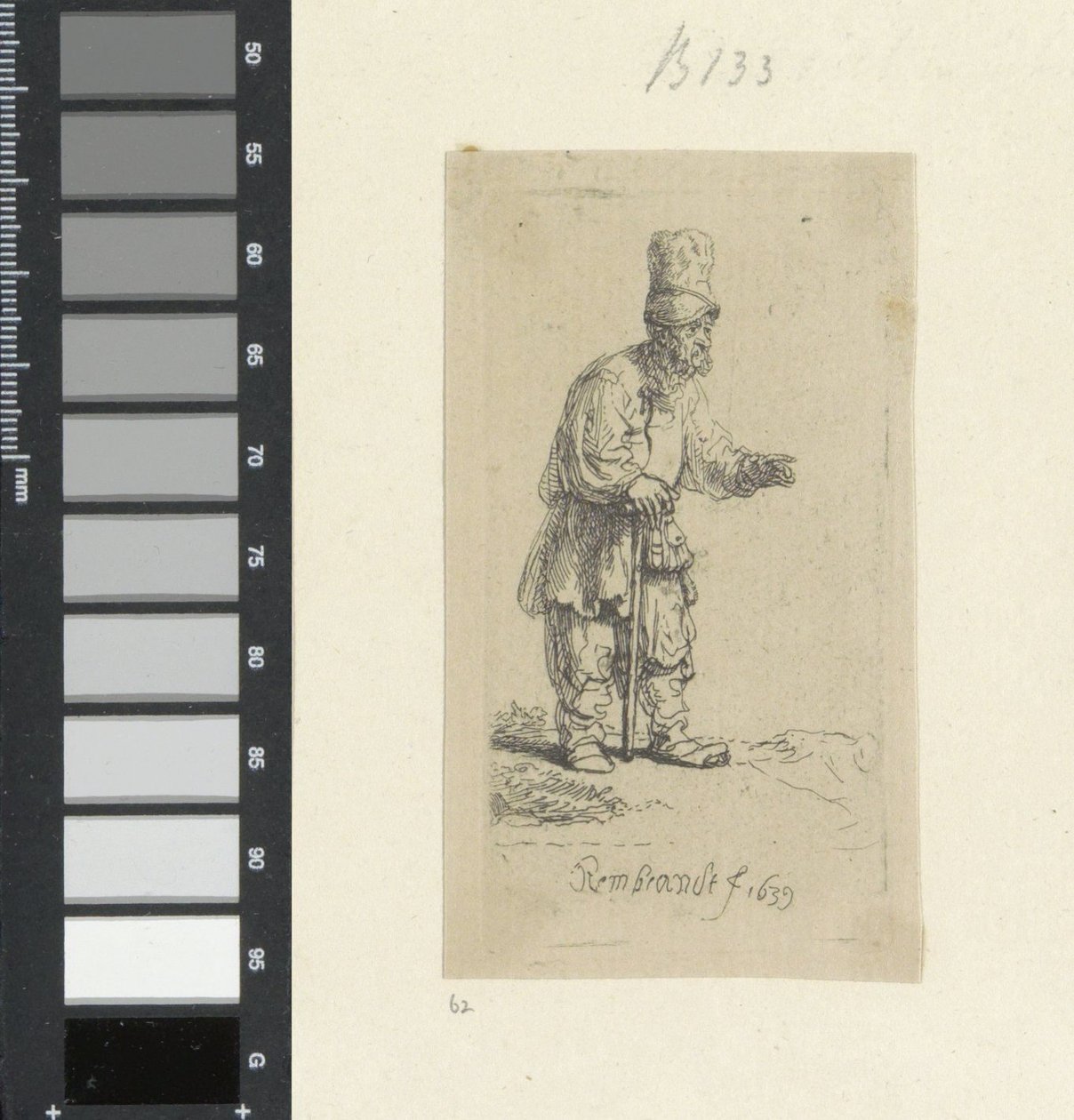 Seisova maanviljelijä, jolla on korkeat päähineet, kepille nojaten Recueil de quatre-vingt-cinq estampes originales (sarjan nimi) tekijältä Rembrandt van Rijn