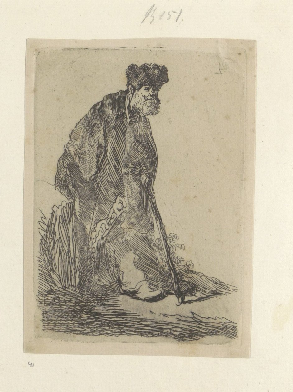 Staande mies laittaa een lange mantelin bontmutsiin Kokoelma kahdeksankymmentäviisi alkuperäistä vedosta (sarjan nimi) tekijältä Rembrandt van Rijn