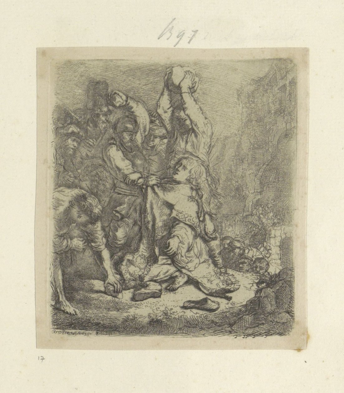Steniging van Stefanus Kokoelma kahdeksankymmentäviisi alkuperäistä vedosta (sarjan nimi) tekijältä Rembrandt van Rijn