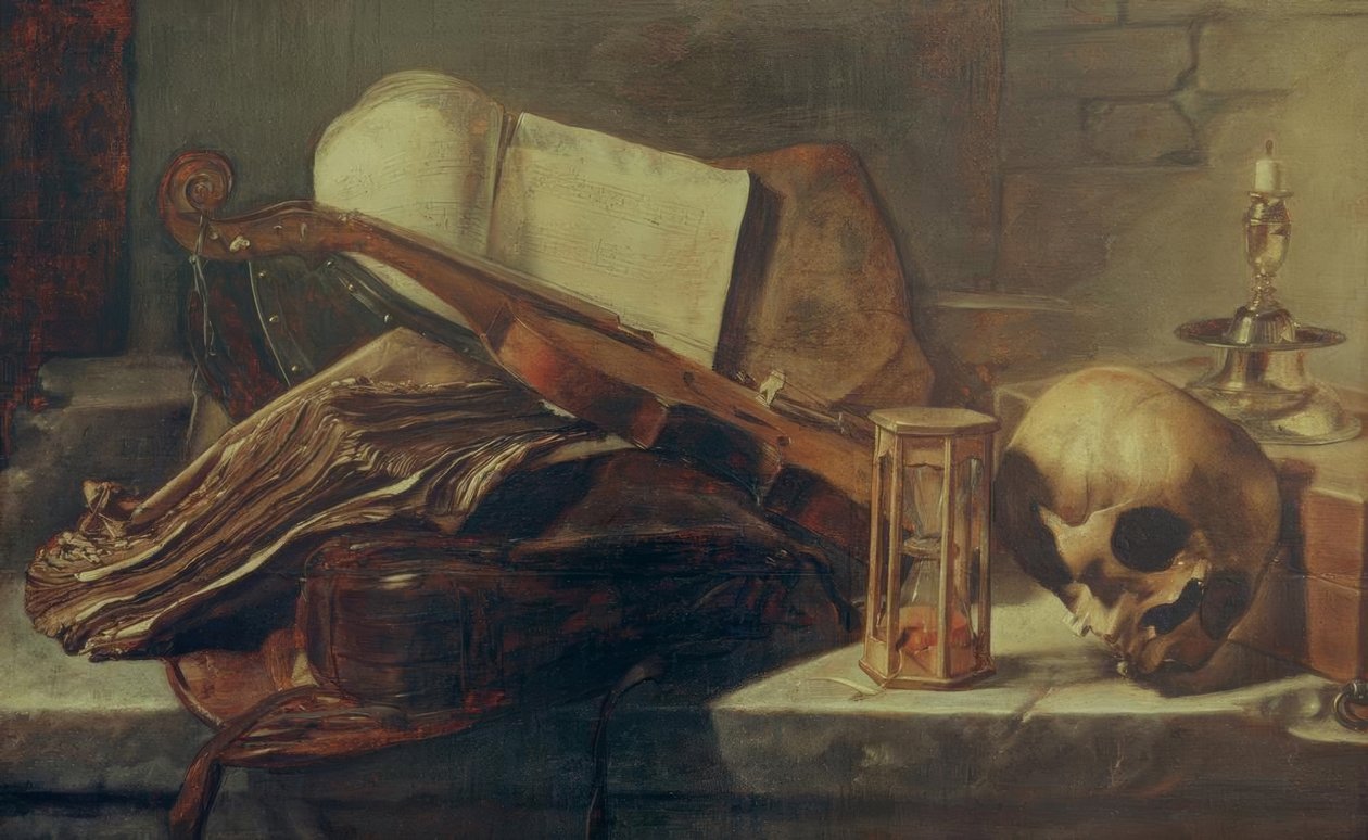 Stilleben mit Büchern, Violine, Totenschädel und Stundengla tekijältä Rembrandt van Rijn